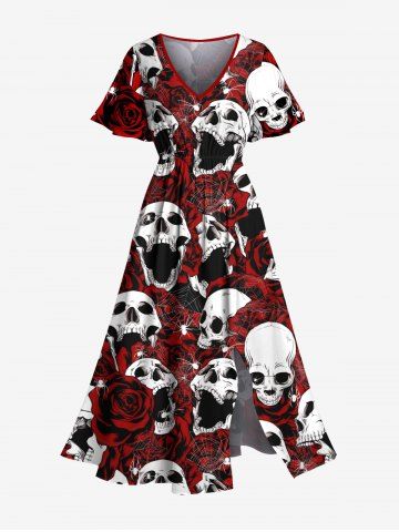 Skulls Rose Flower Spider Web Print Split Pocket A Line Midi Dress