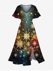 Robe mi-longue fendue grande taille à imprimé 3D de flocons de neige et de galaxie scintillants - Noir 5X