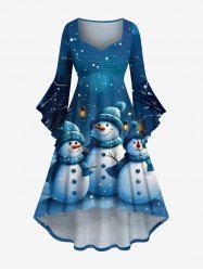 Plus Size Christmas Snowman Snowflake Tree Street Light Print Flare Sleeve Ruched High Low Dress -  