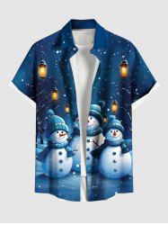 Plus Size Christmas Snowman Snowflake Tree Street Light Print Buttons Pocket Shirt For Men -  