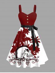 Plus Size Skull Coconut Tree Floral Print Buttons Turn Down Collar Hawaii Dress With Belt -  