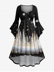 Robe grande taille à imprimé sapin de Noël et flocons de neige, manches évasées froncées, coupe haute et basse - Noir M