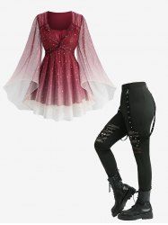 Stars Silver Stamping Ombre Print Mesh Flare Sleeves Top and Skull Hollow Out Fish Net Leggings Plus Size Outfit -  