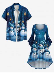 Tenue de Noël grande taille assortie pour couples, motif bonhomme de neige, flocon de neige, arbre, lampadaire - Bleu Ciel 