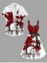 Skull Coconut Tree Floral Print Plus Size Matching Hawaii Beach Outfit For Couples -  