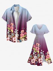 Flower Leaf Branch Dip Dye Ombre Print Plus Size Matching Hawaii Beach Outfit For Couples -  