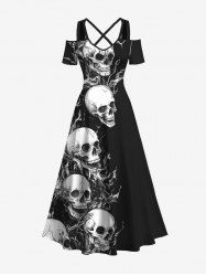 Robe longue croisée à épaules dénudées et imprimé têtes de mort pour Halloween, grande taille - Noir XXS