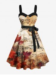Robe débardeur grande taille à imprimé ombré de symbole musical et de feuille d'érable, boutonnée et coupe trapèze, avec ceinture amovible - Brun Légère 5X