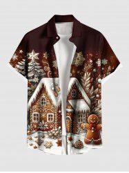 Plus Size Christmas Tree Snowflake House Gingerbread Print Button Pocket Shirt For Men -  