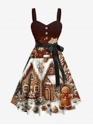 Plus Size Christmas Tree Snowflake House Gingerbread Print Button A Line Dress with Removable Belt -  