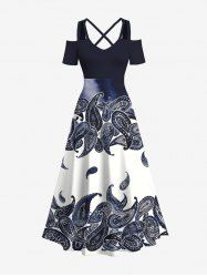 Plus Size Paisley Tie Dye Printed Hawaii Cold Shoulder Crisscross A Line Maxi Dress -  