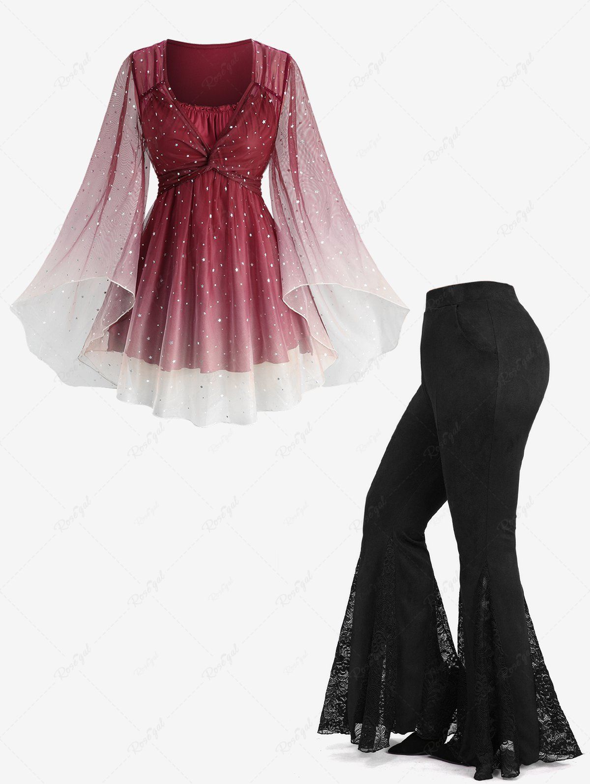Fancy Stars Silver Stamping Ombre Print Mesh Flare Sleeves Top and Floral Lace Patchwork Flare Pants Plus Size Outfit  