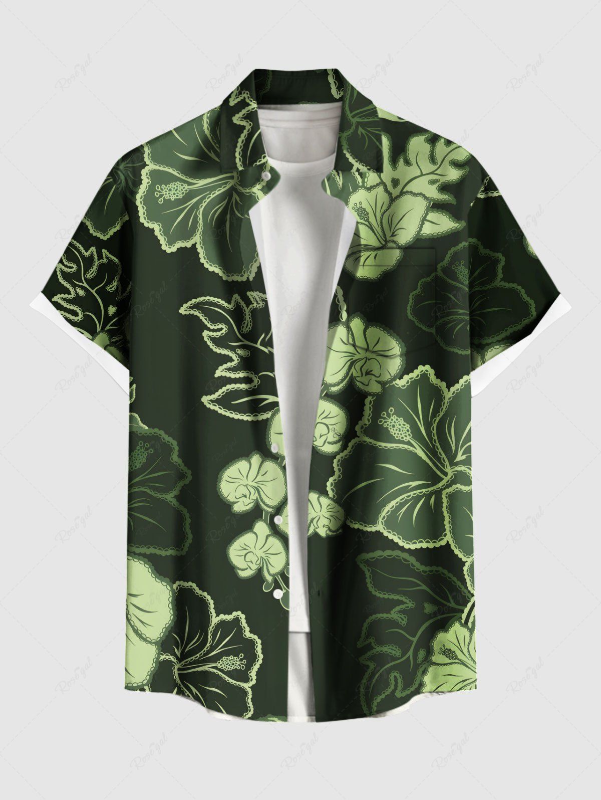 Chemise hawaïenne grande taille à imprimé feuilles d'hibiscus et boutons avec poche pour homme Vert XL