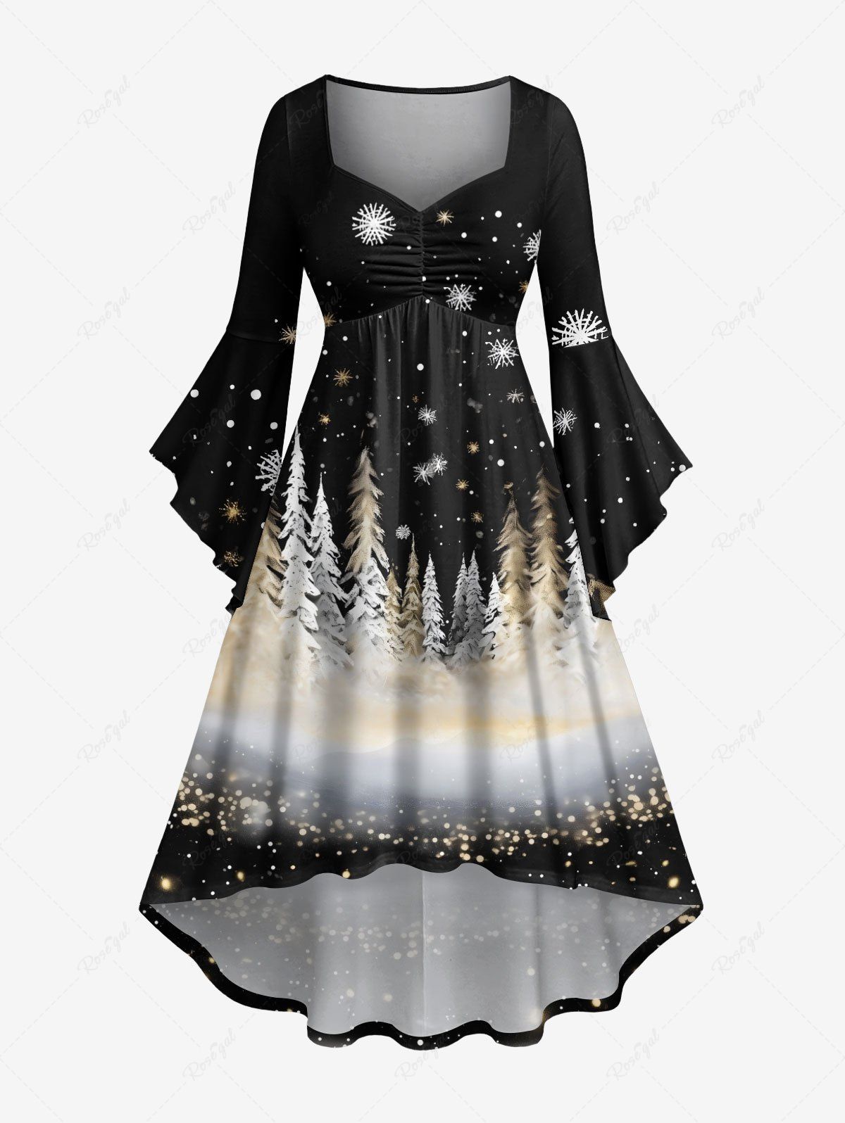 Robe grande taille à imprimé sapin de Noël et flocons de neige, manches évasées froncées, coupe haute et basse Noir 5X