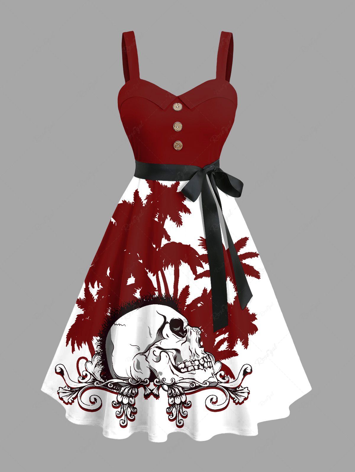 Shops Plus Size Skull Coconut Tree Floral Print Buttons Turn Down Collar Hawaii Dress With Belt  