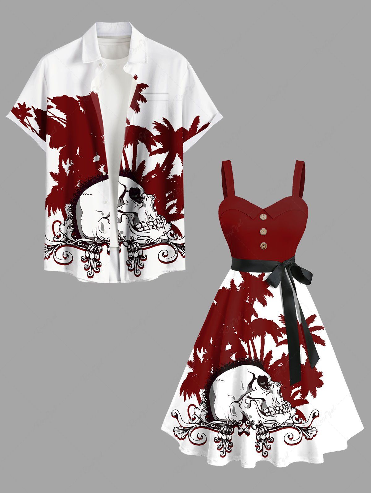 Latest Skull Coconut Tree Floral Print Plus Size Matching Hawaii Beach Outfit For Couples  