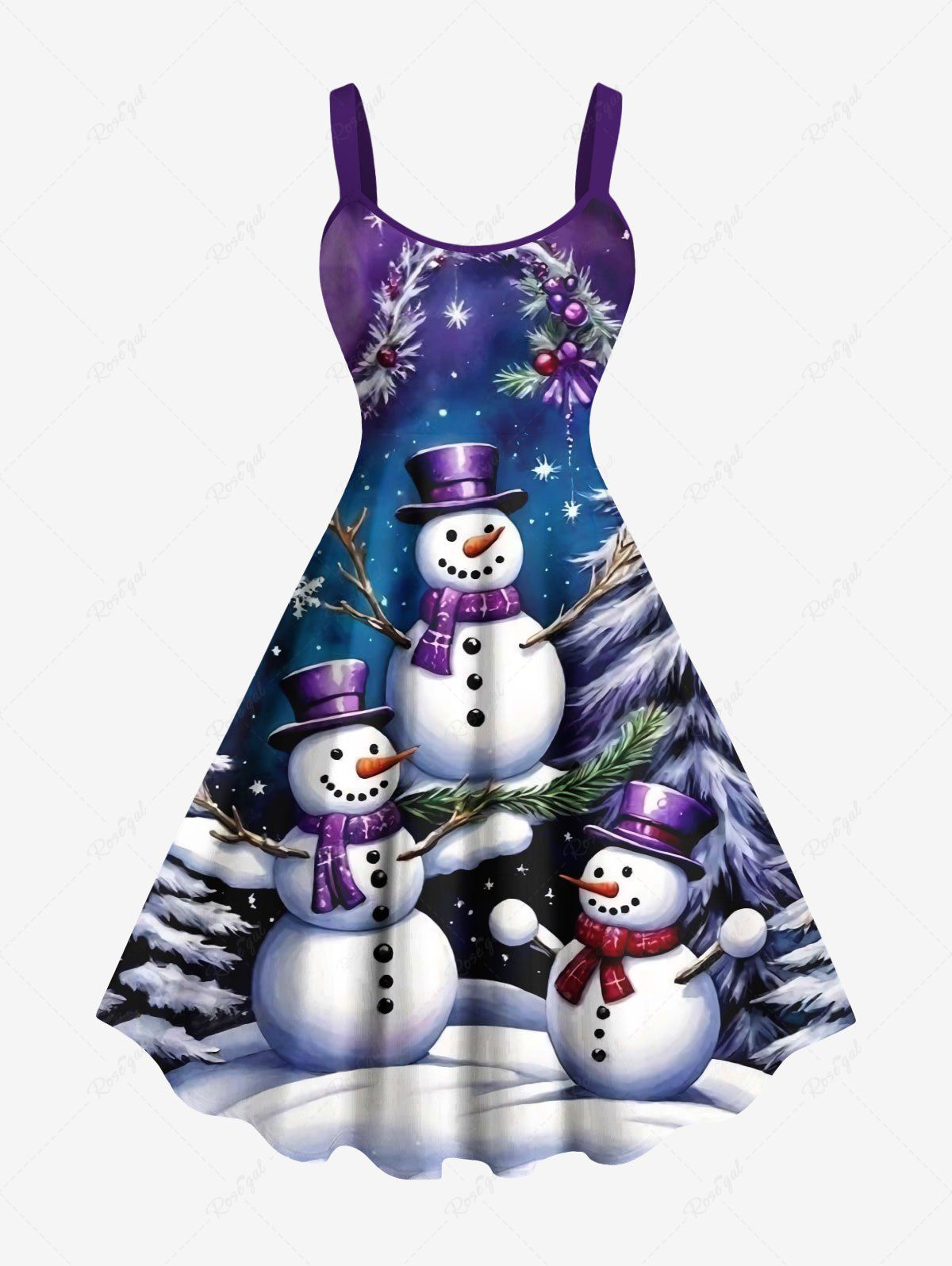 Robe débardeur trapèze grande taille à imprimé sapin de Noël, flocon de neige, bonhomme de neige et galaxie Bleu Marine XXS