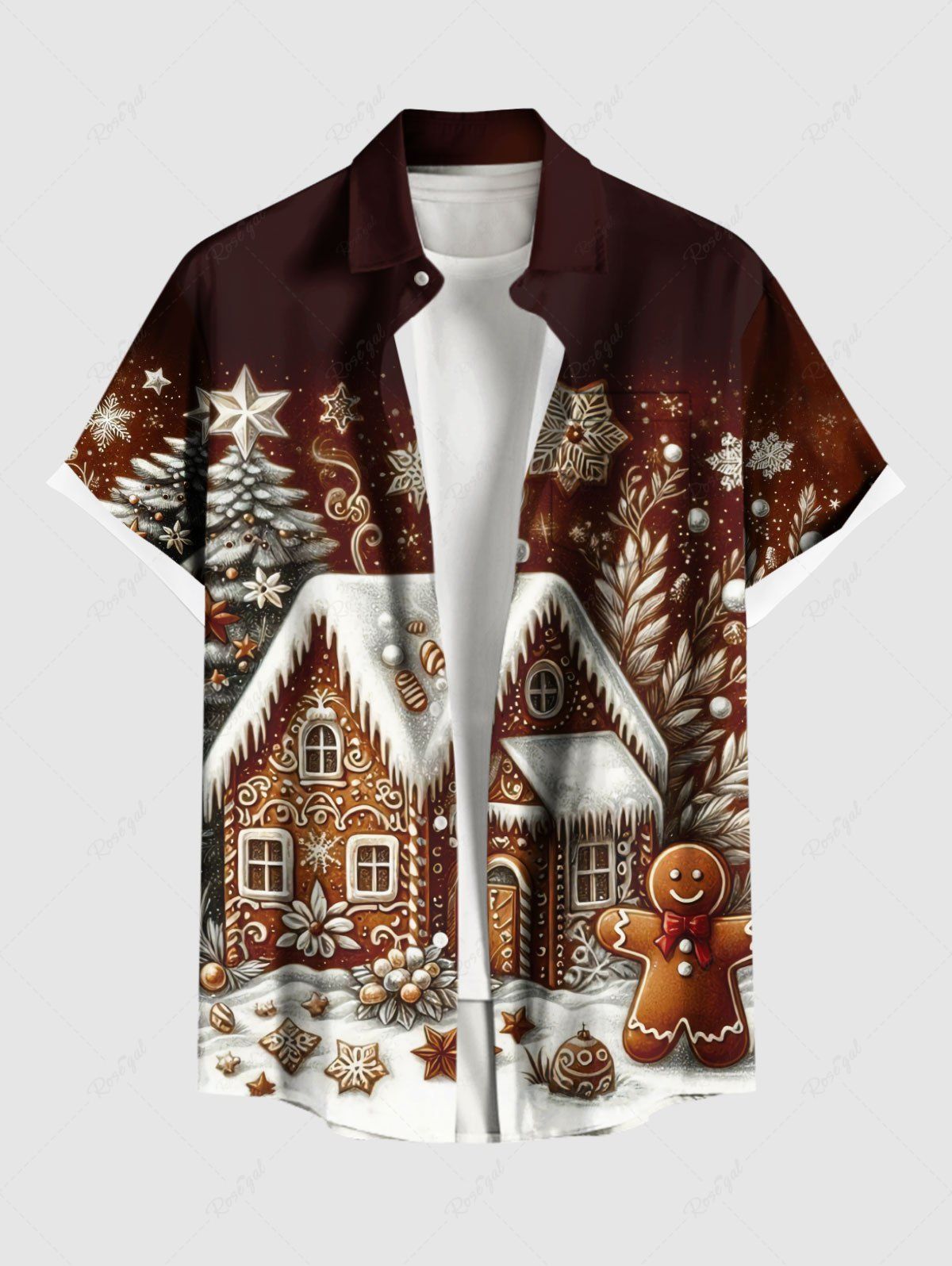 Chemise grande taille à imprimé sapin de Noël, flocon de neige, maison en pain d'épices, boutonnée et poche pour homme Brun Légère S