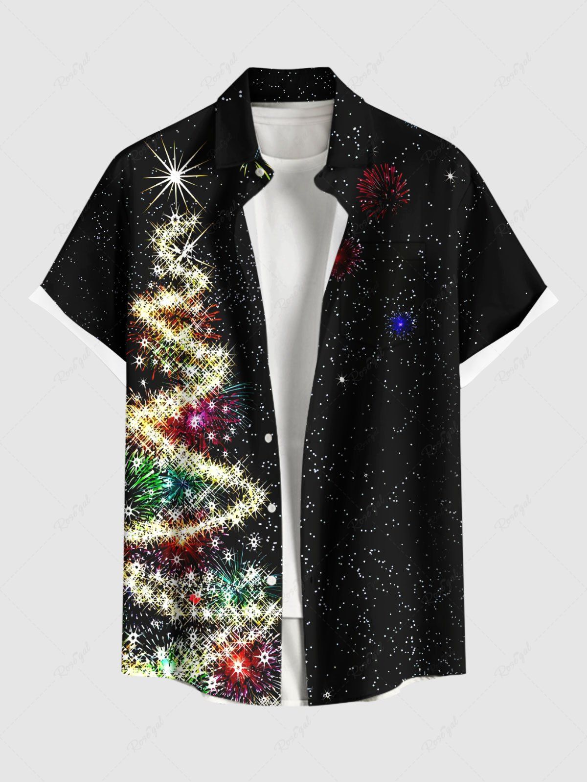 Chemise grande taille à imprimé sapin de Noël scintillant et feux d'artifice, avec poches boutonnées, pour homme Noir S
