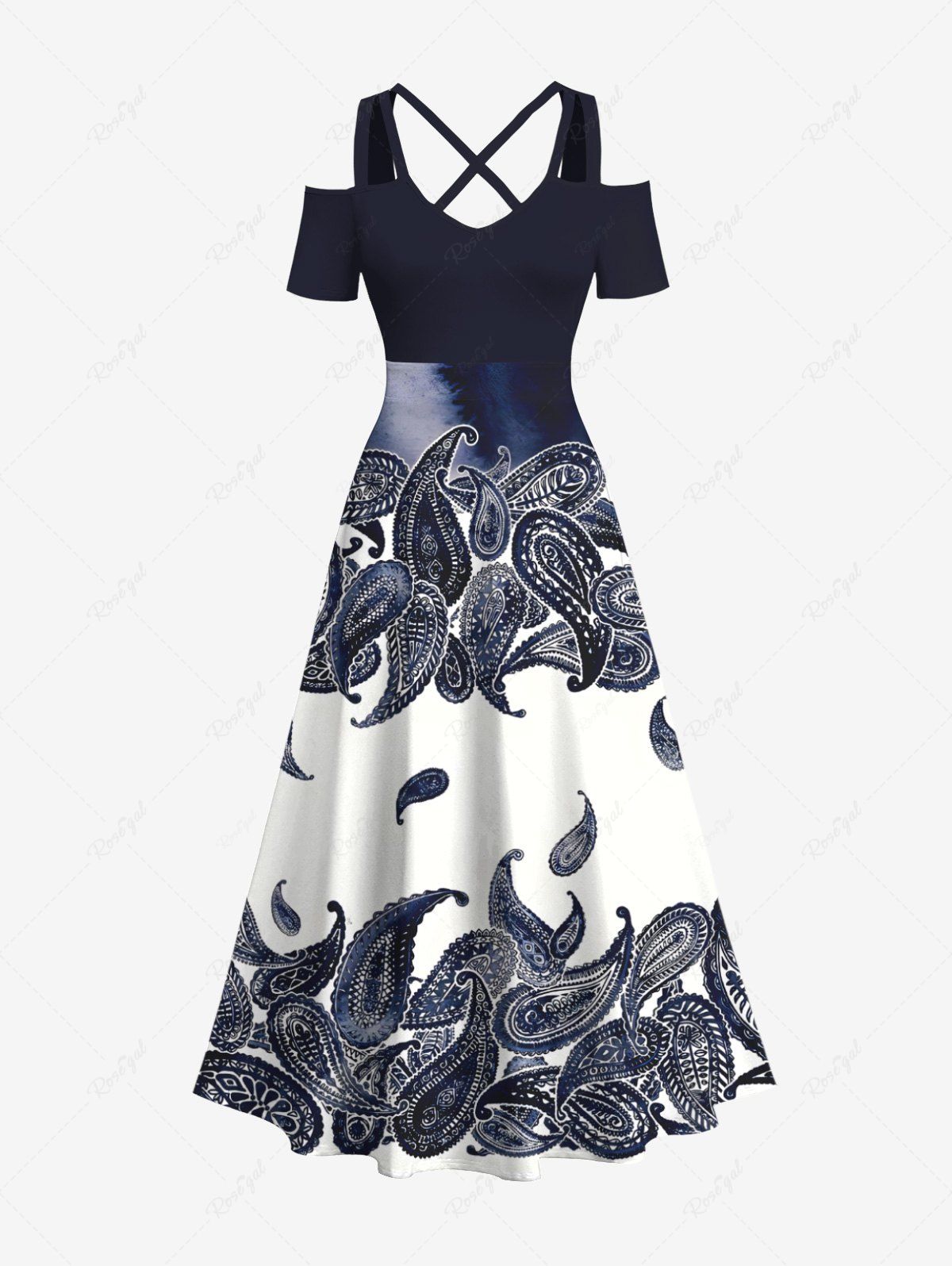 Robe longue hawaïenne grande taille à imprimé cachemire tie-dye et épaules dénudées, coupe trapèze croisée Noir XXS