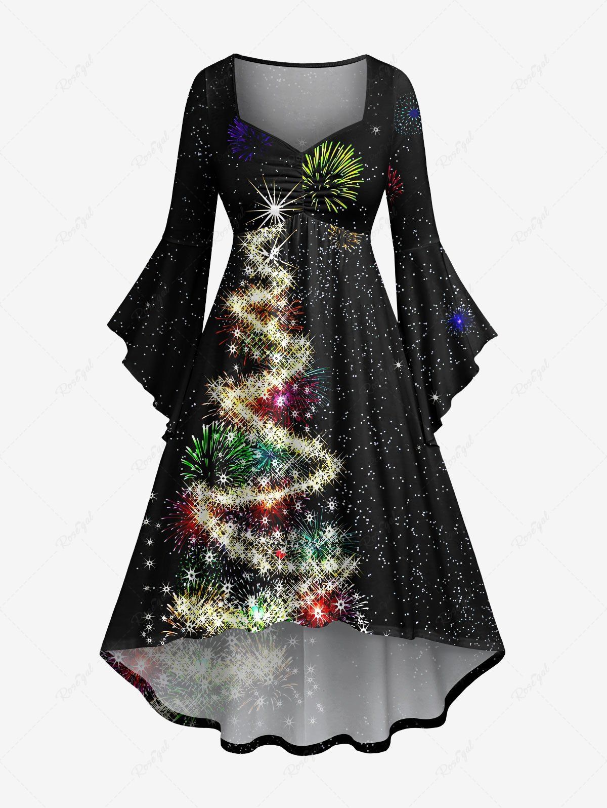 Robe asymétrique grande taille à imprimé feux d'artifice et sapin de Noël pailleté, froncée, taille haute et basse Noir 6X