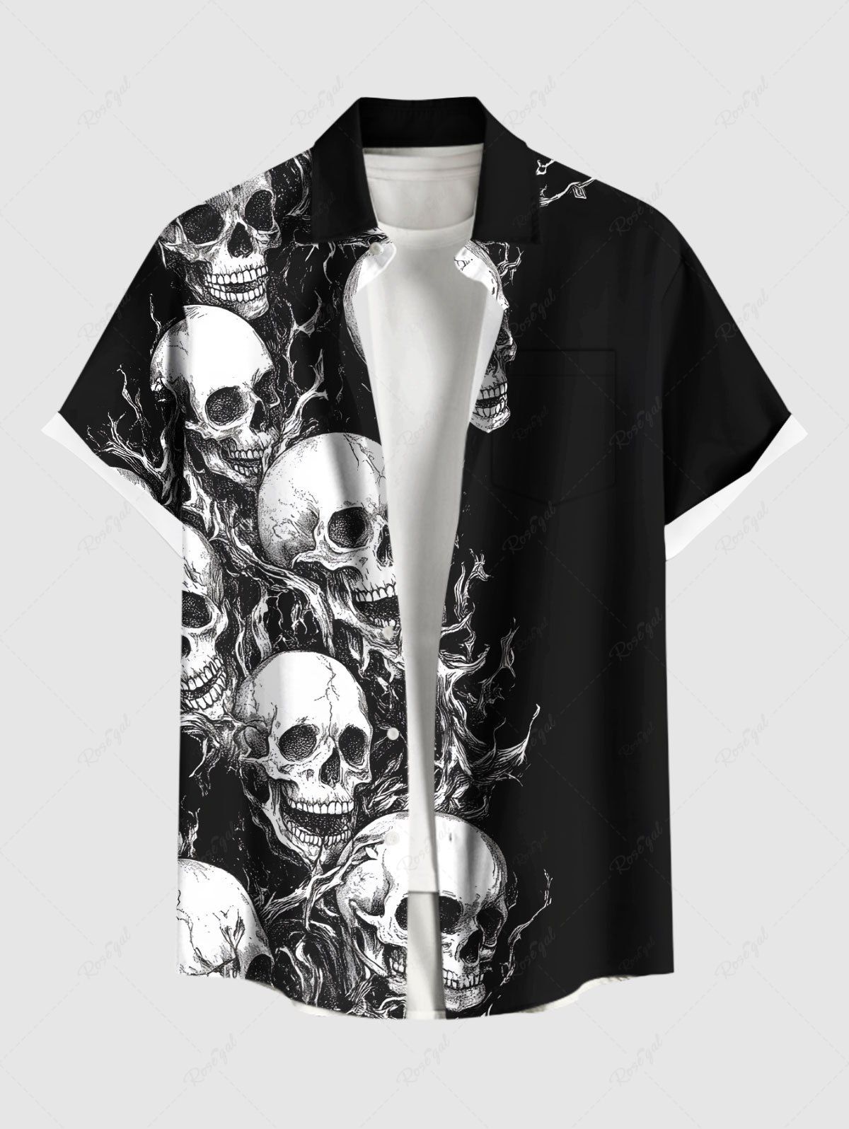 Chemise grande taille à boutons et poches pour homme, motif tête de mort d'Halloween Noir M