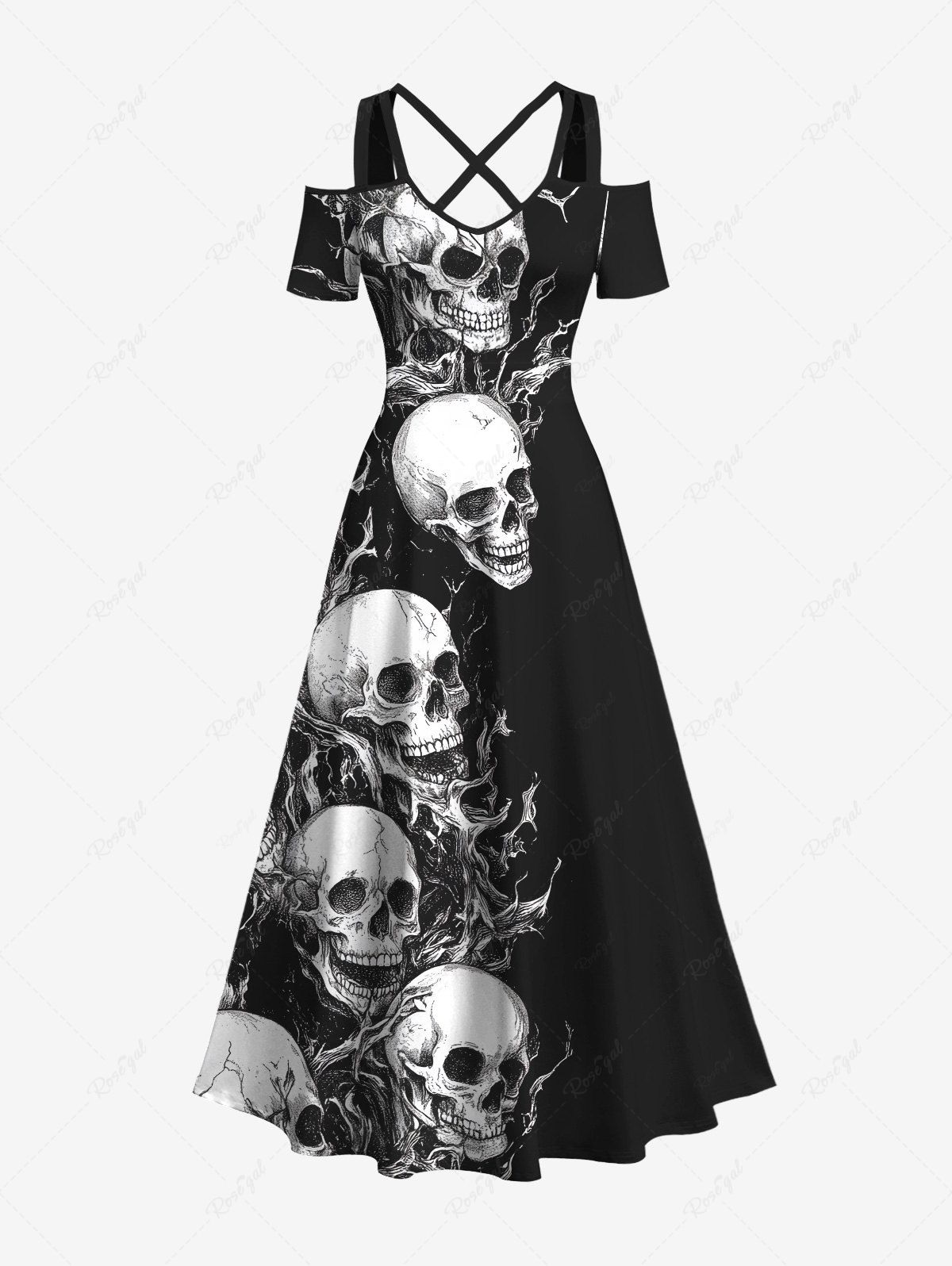 Robe longue croisée à épaules dénudées et imprimé têtes de mort pour Halloween, grande taille Noir XXS