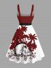 Plus Size Skull Coconut Tree Floral Print Buttons Turn Down Collar Hawaii Dress With Belt -  