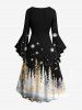 Robe grande taille à imprimé sapin de Noël et flocons de neige, manches évasées froncées, coupe haute et basse - Noir 5X