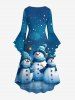 Plus Size Christmas Snowman Snowflake Tree Street Light Print Flare Sleeve Ruched High Low Dress -  