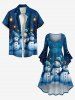 Plus Size Christmas Snowman Snowflake Tree Street Light Print Flare Sleeve Ruched High Low Dress -  