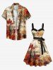 Plus Size Maple Leaf Music Symbol Ombre Print Hawaii Button A Line Tank Dress with Removable Belt -  