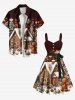 Plus Size Christmas Tree Snowflake House Gingerbread Print Button A Line Dress with Removable Belt -  