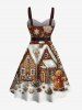 Plus Size Christmas Tree Snowflake House Gingerbread Print Button A Line Dress with Removable Belt -  