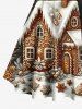 Plus Size Christmas Tree Snowflake House Gingerbread Print Button A Line Dress with Removable Belt -  