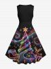 Robe vintage grande taille années 50 à imprimé sapin de Noël, Père Noël, étoile et élan - Noir S