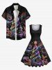 Robe vintage grande taille années 50 à imprimé sapin de Noël, Père Noël, étoile et élan - Noir S