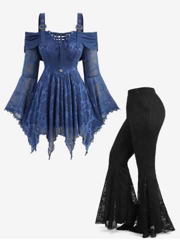 Lace Up Panel Rose Mesh Flare Sleeves Top and Floral Flare Pants Plus Size Outfit - BLUE