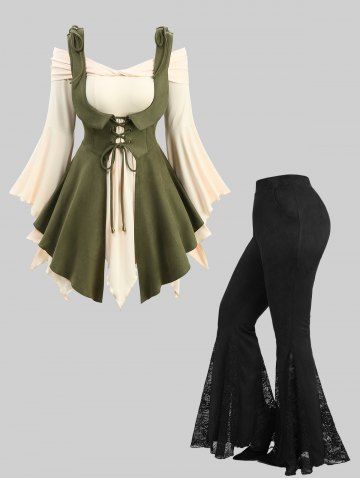 Flare Sleeves Off The Shoulder Top With Lace Up Vest and Floral Flare Pants Plus Size Outfit - GREEN