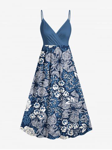 Plus Size Flowers Print Surplice Hawaii Cami Dress - SKY BLUE - S