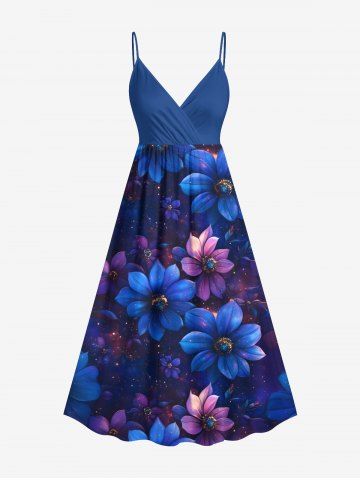 Plus Size Flowers Galaxy Star Print Surplice Hawaii Cami Dress - NAVY BLUE - S