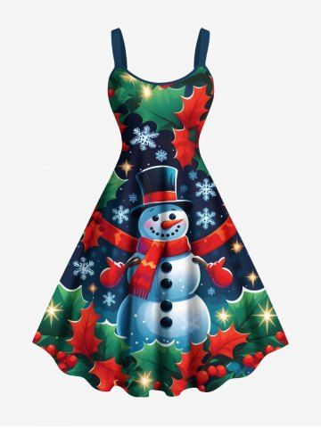Plus Size Christmas Fruit Leaf Snowman Snowflake Print Tank Dress - GREEN - 6X