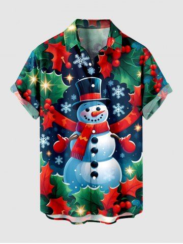 Plus Size Christmas Fruit Leaf Snowman Snowflake Print Buttons Pocket Shirt For Men - GREEN - 6XL