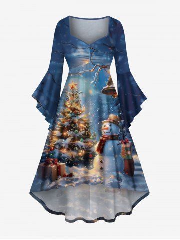 Plus Size Christmas Tree Snowman Snowflake Light Bell Print Ruched Flare Sleeves High Low Dress - SKY BLUE - L