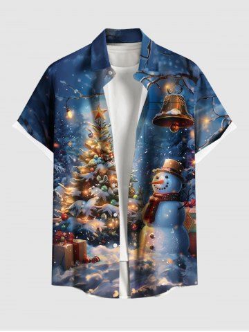 Plus Size Christmas Tree Snowman Snowflake Light Bell Print Buttons Pocket Shirt For Men - SKY BLUE - 5XL