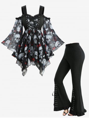 Skull Bowknot Heart Print Handkerchief Top and Lace Up Pocket Ruffles Flare Pants Plus Size Outfit - BLACK