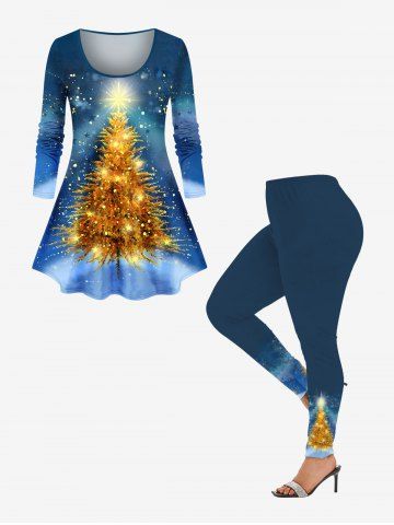 Glitter Sparkling Christmas Tree Tie Dye Ombre Galaxy Print Long Sleeves T-shirt and Leggings Plus Size Matching Set - BLUE