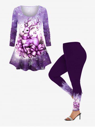 Christmas Elk Snowflake Bell Bowknot Floral Print Ombre Long Sleeves T-shirt and Leggings Plus Size Matching Set - PURPLE