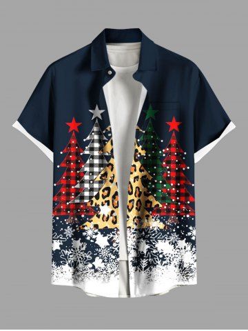 Plus Size  Leopard Plaid Christmas Tree Snowflake Print Button Pocket Shirt For Men - NAVY BLUE - S