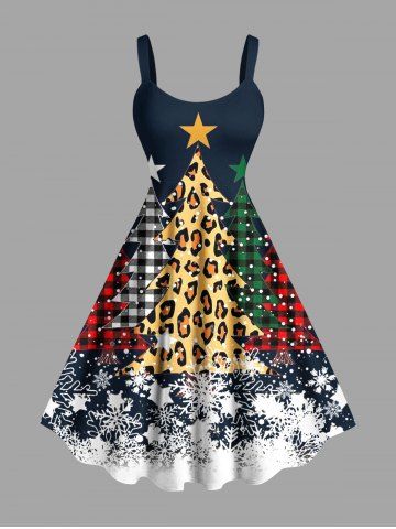 Plus Size Leopard Plaid Christmas Tree Snowflake Print A Line Tank Dress - NAVY BLUE - M